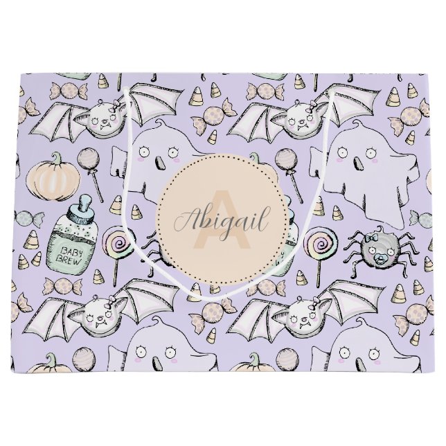 Sacola Para Presentes Grande Pumpkins, Morcegos e Fantasmas de Bebê Roxo (Frente)