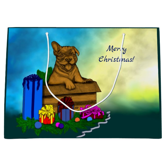 Sacola Para Presentes Grande Puppy em uma caixa, Merry Xmas (Frente)