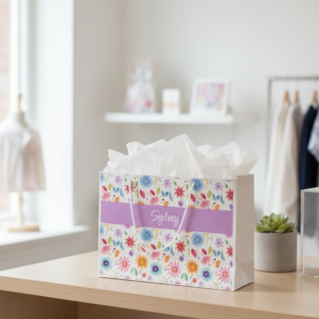 Sacola Para Presentes Grande Purple Blue Pink Boho Wildflower Personalized  (Criador carregado)