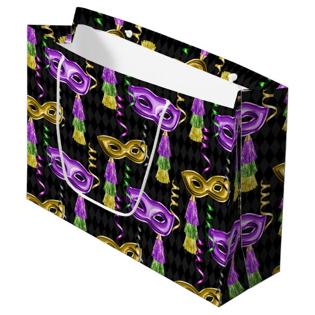 SACOLA PARA PRESENTES GRANDE PURPLE GOLD GREEN MARDI GRAS MASKS (Frente inclinada)