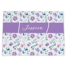 Sacola Para Presentes Grande Purple Green Watercolor Wildflower Monogram Name