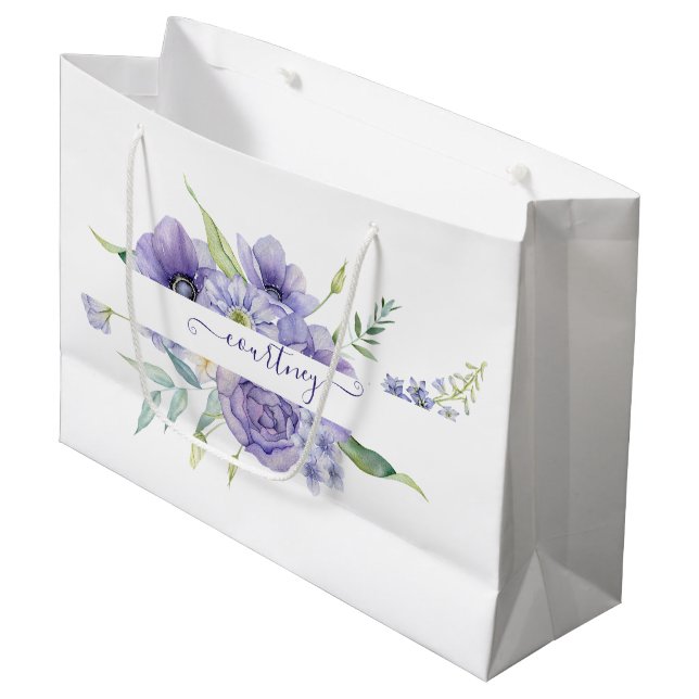 Sacola Para Presentes Grande Púrpura aquarela floral personalizada (Frente inclinada)