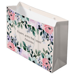 Sacola Para Presentes Grande Púrpura e verde cor floral rosa Aniversário