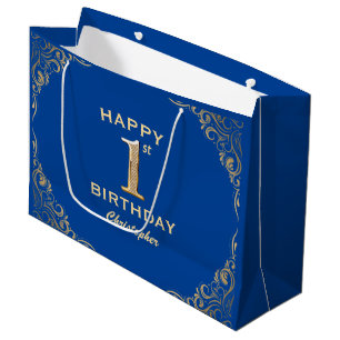 Sacola Para Presentes Grande Quadro azul e brilhante Dourado do primeiro aniver