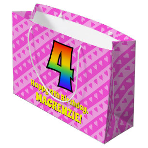 Sacola Para Presentes Grande Quarto aniversário: Stripes e corações cor-de-rosa