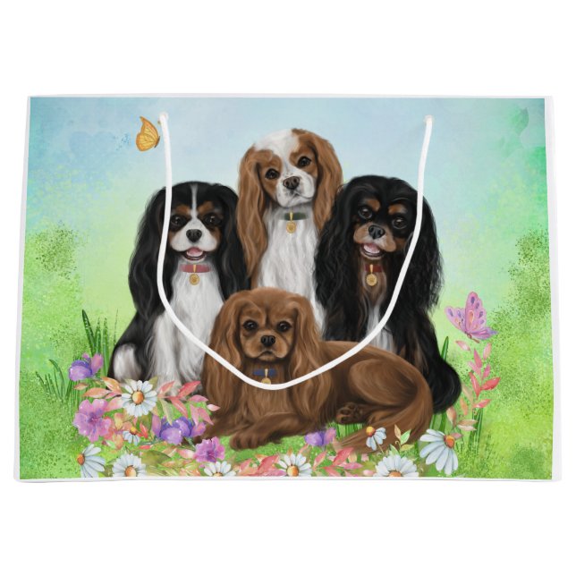 Sacola Para Presentes Grande Quatro Cavaleiros Rei Charles Spaniels em Flores  (Frente)