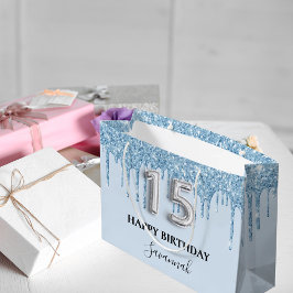 Sacola Para Presentes Grande Quinceanera baby blue glitter nome