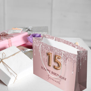 Sacola Para Presentes Grande Quinceanera blush cor-de-rosa brilha nome do monog