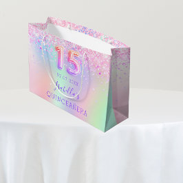 Sacola Para Presentes Grande Quinceanera holográfica rosa-púrpura