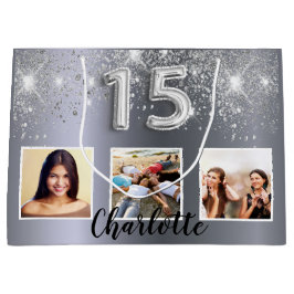 Sacola Para Presentes Grande Quinceanera prata gliter nome da foto