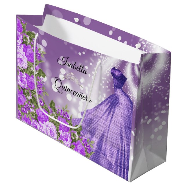 Sacola Para Presentes Grande Quinceañera Purple Gown e Flores (Frente inclinada)
