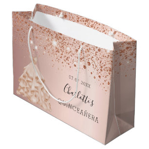Sacola Para Presentes Grande Quinceanera rosa dourado dourado dourado pó Nome