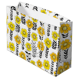 Sacola Para Presentes Grande Rabiscos de margarida em amarelo e preto