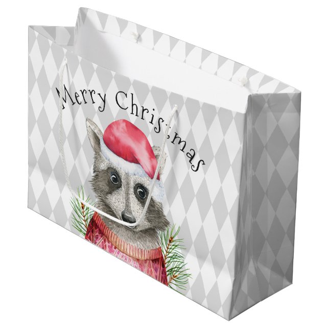 Sacola Para Presentes Grande Raccoon em Santa Hat com Harlequin Pattern (Frente inclinada)