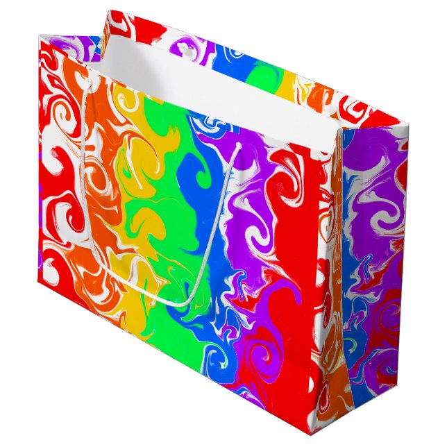 Sacola Para Presentes Grande Rainbow Fluid Art Birthday (Frente inclinada)
