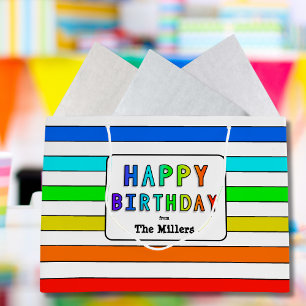 Sacola Para Presentes Grande Rainbow Stripe Personalizado Feliz Aniversário