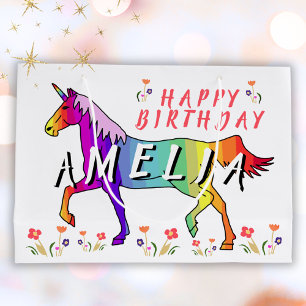 Sacola Para Presentes Grande Rainbow Unicorn Flower Girl Birthday