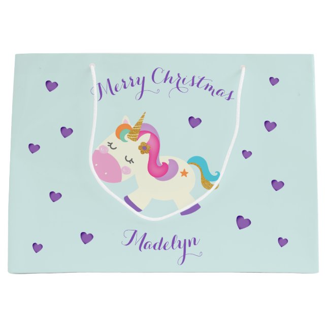 Sacola Para Presentes Grande Rainbow Unicorn Natal Glitter Aqua (Frente)