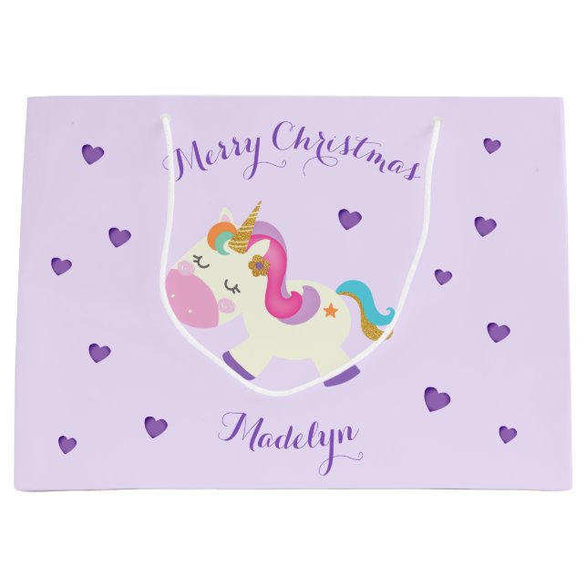 Sacola Para Presentes Grande Rainbow Unicorn Natal Roxo (Frente)