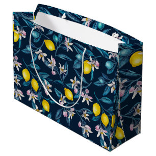 Sacola Para Presentes Grande Ramos de limão com flores e fruta em azul