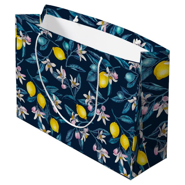Sacola Para Presentes Grande Ramos de limão com flores e fruta em azul (Verso inclinado)