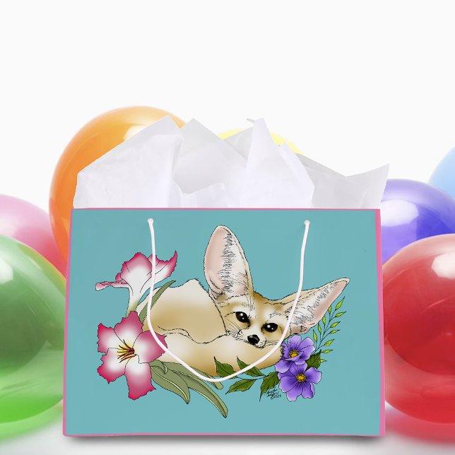Sacola Para Presentes Grande Raposa Fennec Flores Rosa Roxo Fofo Botânico Azul (Criador carregado)