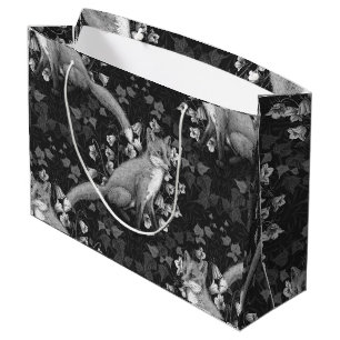 Sacola Para Presentes Grande Raposa, flores e mariposa, monocromática, prata