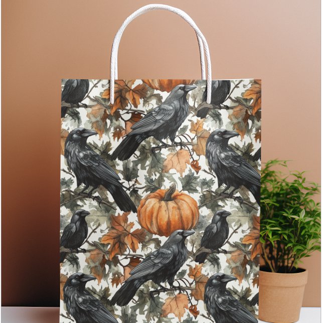 Sacola Para Presentes Grande Raven Halloween Pumpkins Watercolor outono (Criador carregado)