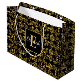 Sacola Para Presentes Grande Real Preto e Dourado Damasco Floral Nome Personali