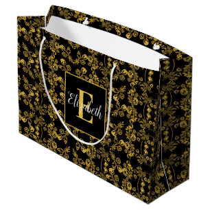 Sacola Para Presentes Grande Real Preto e Dourado Damasco Floral Nome Personali