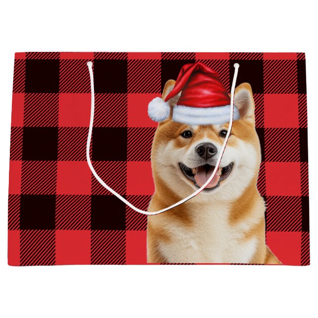 Sacola Para Presentes Grande Red Buffalo Plaid Akita Dog Holiday (Frente)