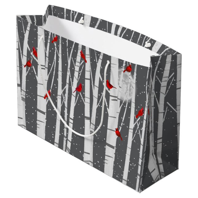 Sacola Para Presentes Grande Red Cardinals In Birch Trees In Moonlight (Verso inclinado)