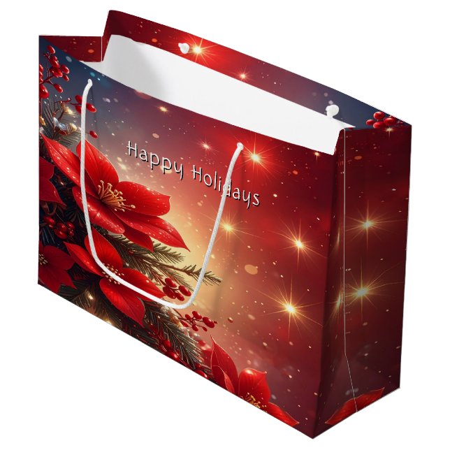 Sacola Para Presentes Grande Red Christmas Floral Holiday Gift Bag (Frente inclinada)