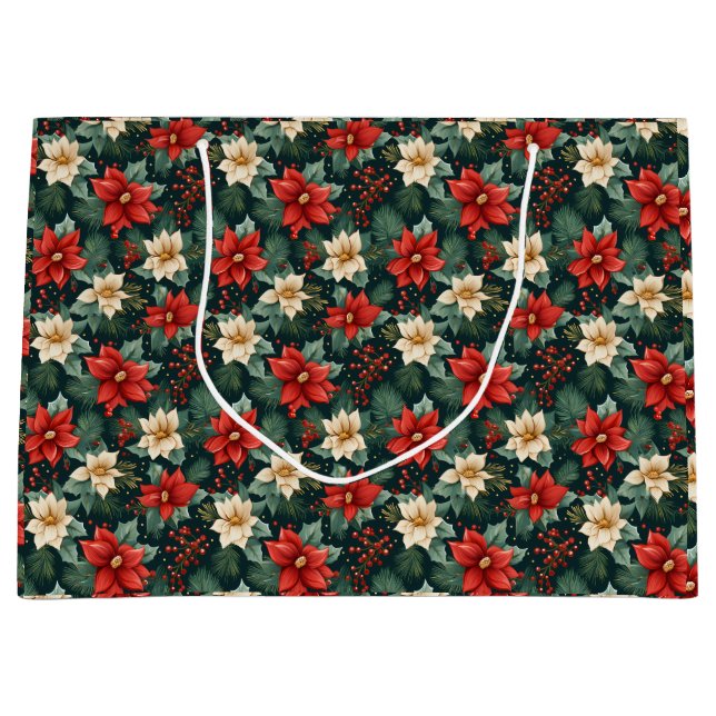 Sacola Para Presentes Grande Red e Cream Poinsettias com Berries (Frente)
