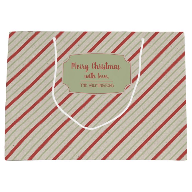 Sacola Para Presentes Grande Red, Green e Beige Stripes Grande Saco de Presente (Frente)