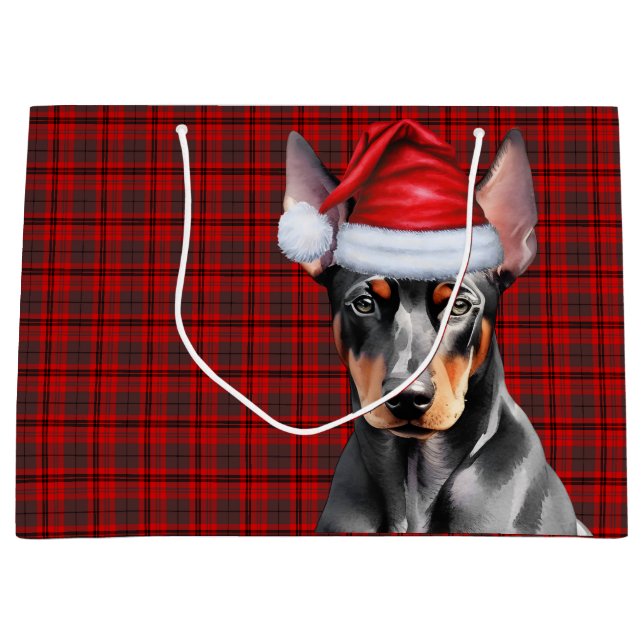 Sacola Para Presentes Grande Red Plaid and Doberman Pinscher Dog Lover Holiday (Frente)