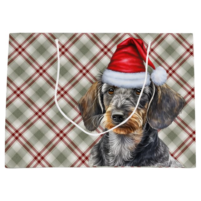 Sacola Para Presentes Grande Red Plaid and Wirehair Dachshund Dog Lover Holiday (Frente)