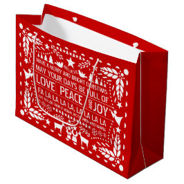 Sacola Para Presentes Grande Red, White Love Peace Joy papel picado Natal