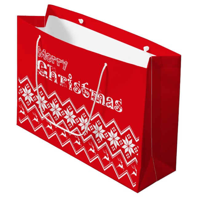 Sacola Para Presentes Grande Red & White Ugly Sweater Christmas Gift Bag (Frente inclinada)