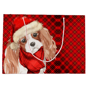Sacola Para Presentes Grande Rei Natal Charles Terrier Cão e Xadrez Vermelha