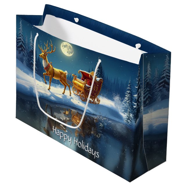 Sacola Para Presentes Grande Reindeer Christmas Sleigh Holiday Gift Bag (Frente inclinada)