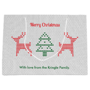 Sacola Para Presentes Grande "Reindeer Christmas Ugly Sweater Texture"
