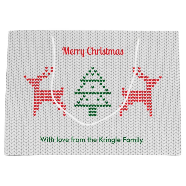 Sacola Para Presentes Grande "Reindeer Christmas Ugly Sweater Texture" (Frente)