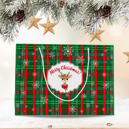Sacola Para Presentes Grande Reindeer de Neve Verde e Xadrez Vermelha