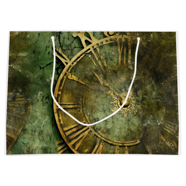 Sacola Para Presentes Grande Relógio Emerald Green Rustic Steampunk (12) (Frente)