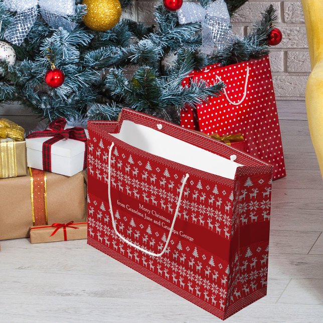 Sacola Para Presentes Grande Rena de Natal Vermelha Personalizada Festa Retro (Criador carregado)