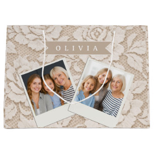 Sacola Para Presentes Grande Renda de Marfim Personalizada Elegante Vintage Nup