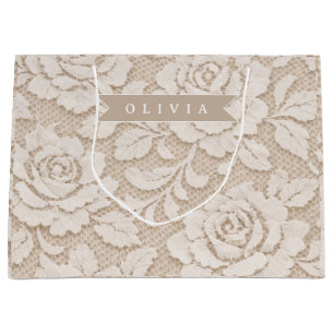 Sacola Para Presentes Grande Renda de Marfim Personalizada Elegante Vintage Nup