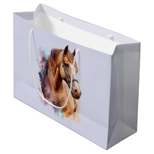 Sacola Para Presentes Grande Retrato da cabeça de cavalo marrom em aquarela