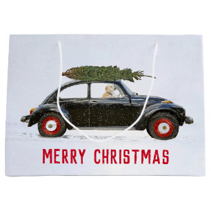 Sacola Para Presentes Grande Retriever ouro No Carro Com Árvore De Natal Grand